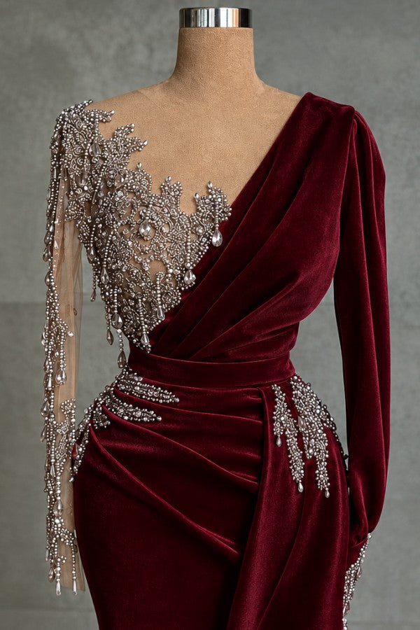Burgundy Velvet Evening Dress with Beaded Illusion Sleeve and Draped Train