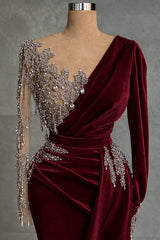 Burgundy Velvet Evening Dress with Beaded Illusion Sleeve and Draped Train