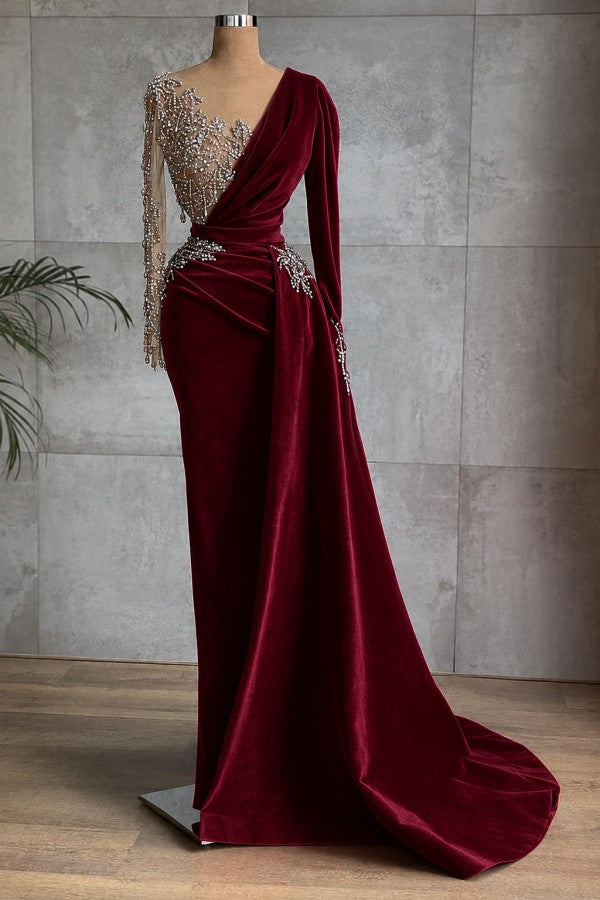 Burgundy Velvet Evening Dress with Beaded Illusion Sleeve and Draped Train