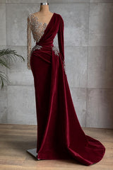 Burgundy Velvet Evening Dress with Beaded Illusion Sleeve and Draped Train