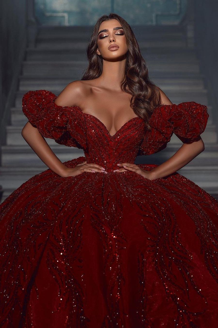 Burgundy Wedding Dress Off The Shoulder Ball Gown Sequined Bridal Dress