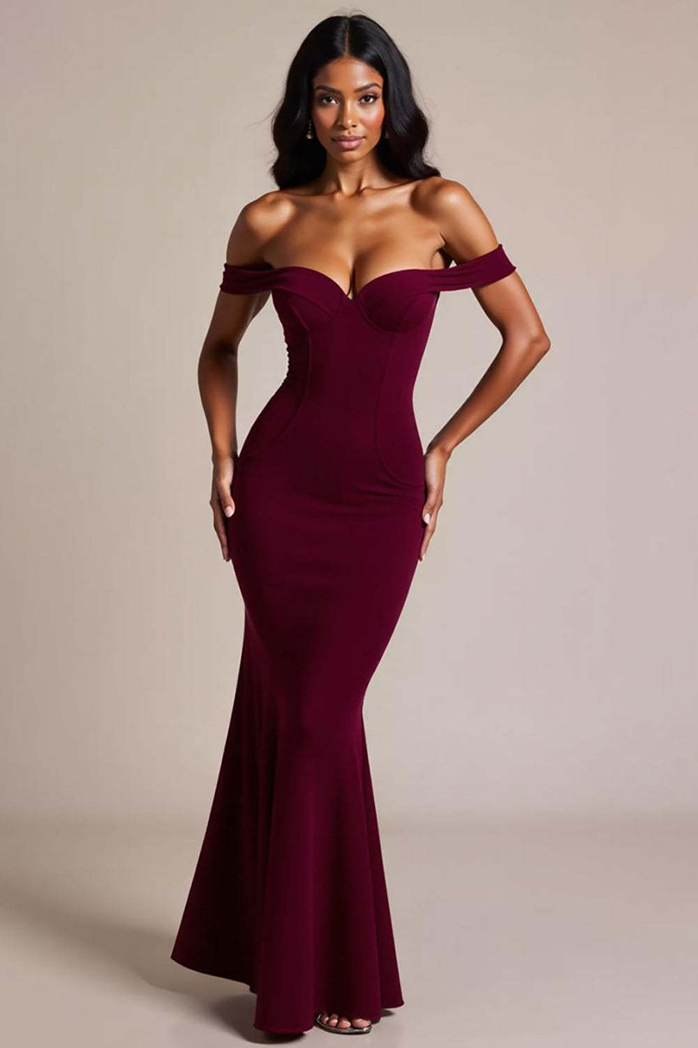 Burgundy Wedding Guest Dress Crepe Mermaid Off The Shoulder Long Evening Dress