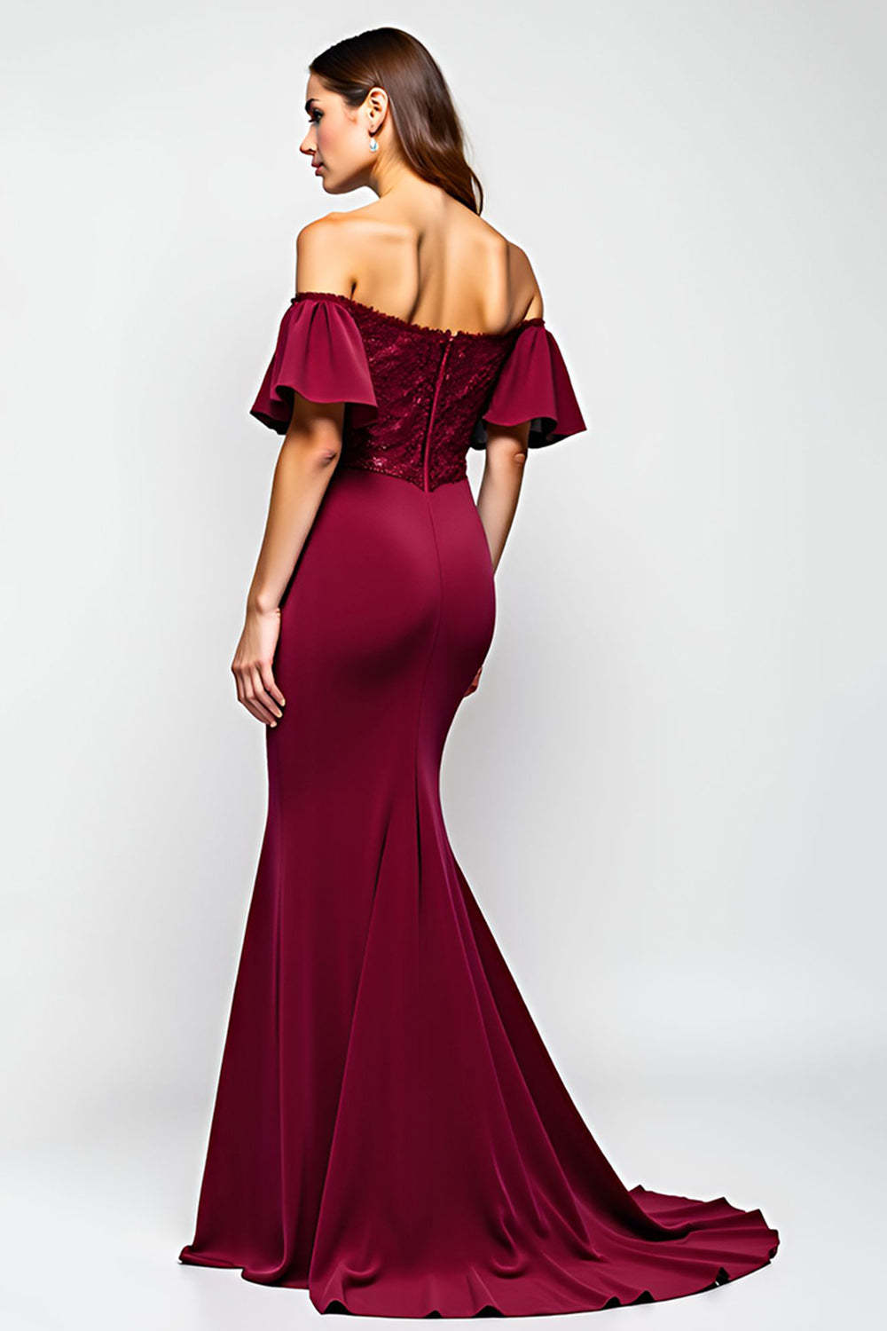 Burgundy Wedding Guest Dress Mermaid Off The Shoulder Long Formal Dress With Ruffles
