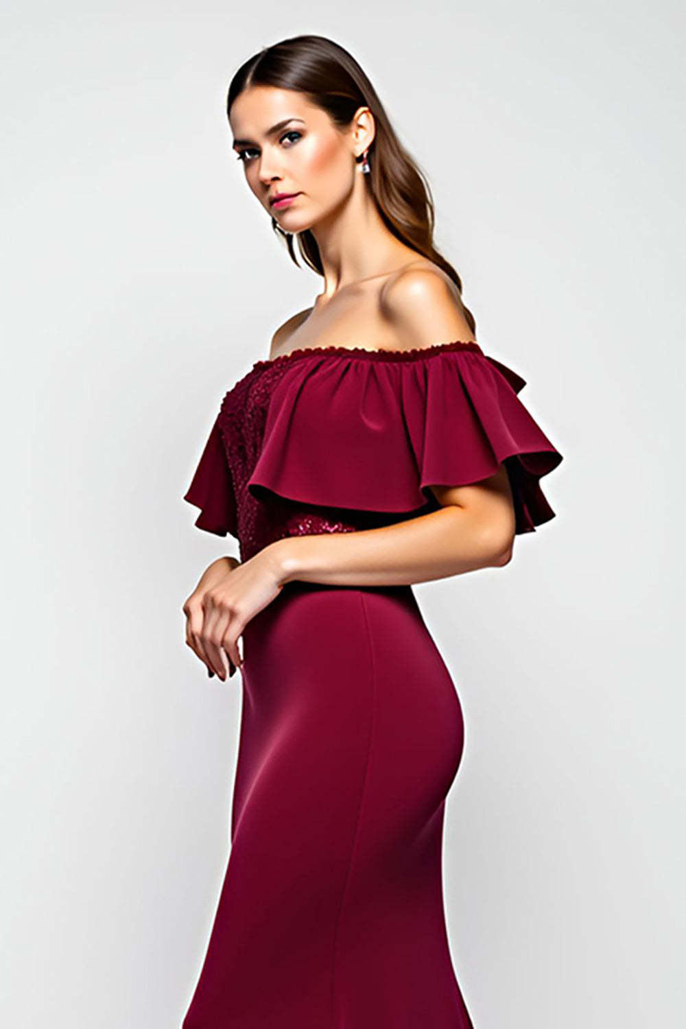 Burgundy Wedding Guest Dress Mermaid Off The Shoulder Long Formal Dress With Ruffles