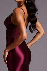 Burgundy Wedding Guest Dress Mermaid Satin Spaghetti Straps Long Evening Dress With Lace