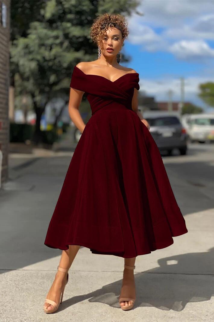 Burgundy Wedding Guest Dress Off The Shoulder A Line Short Cocktail Dress
