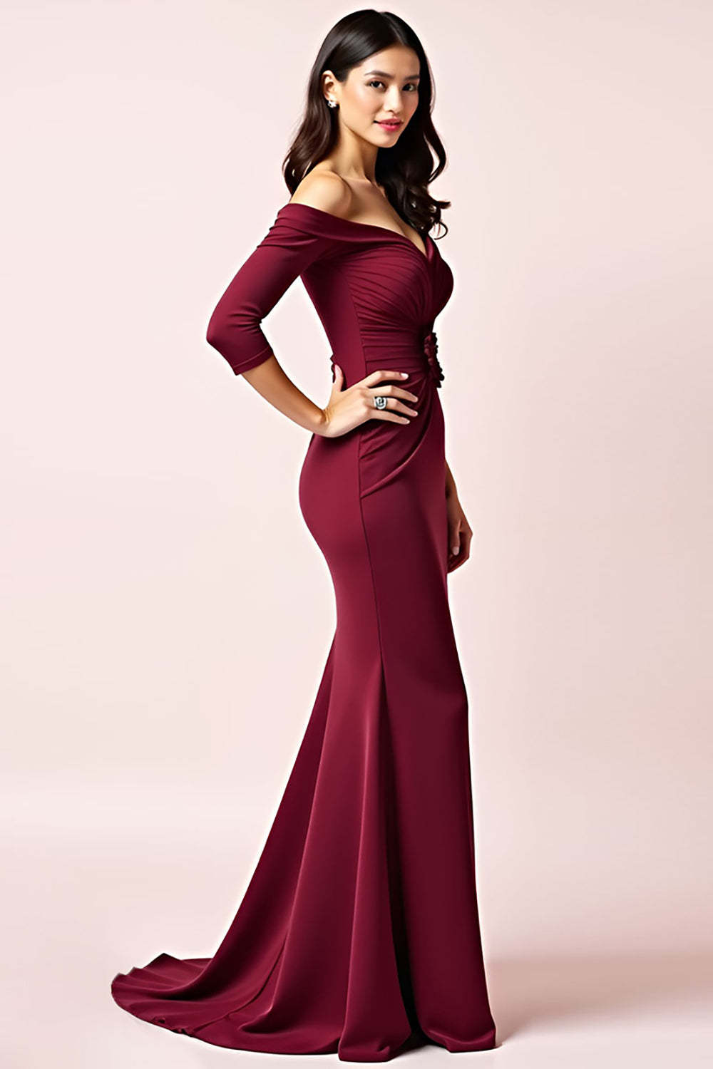 Burgundy Wedding Guest Dress Off The Shoulder Long Sleeves Ruched Formal Dress