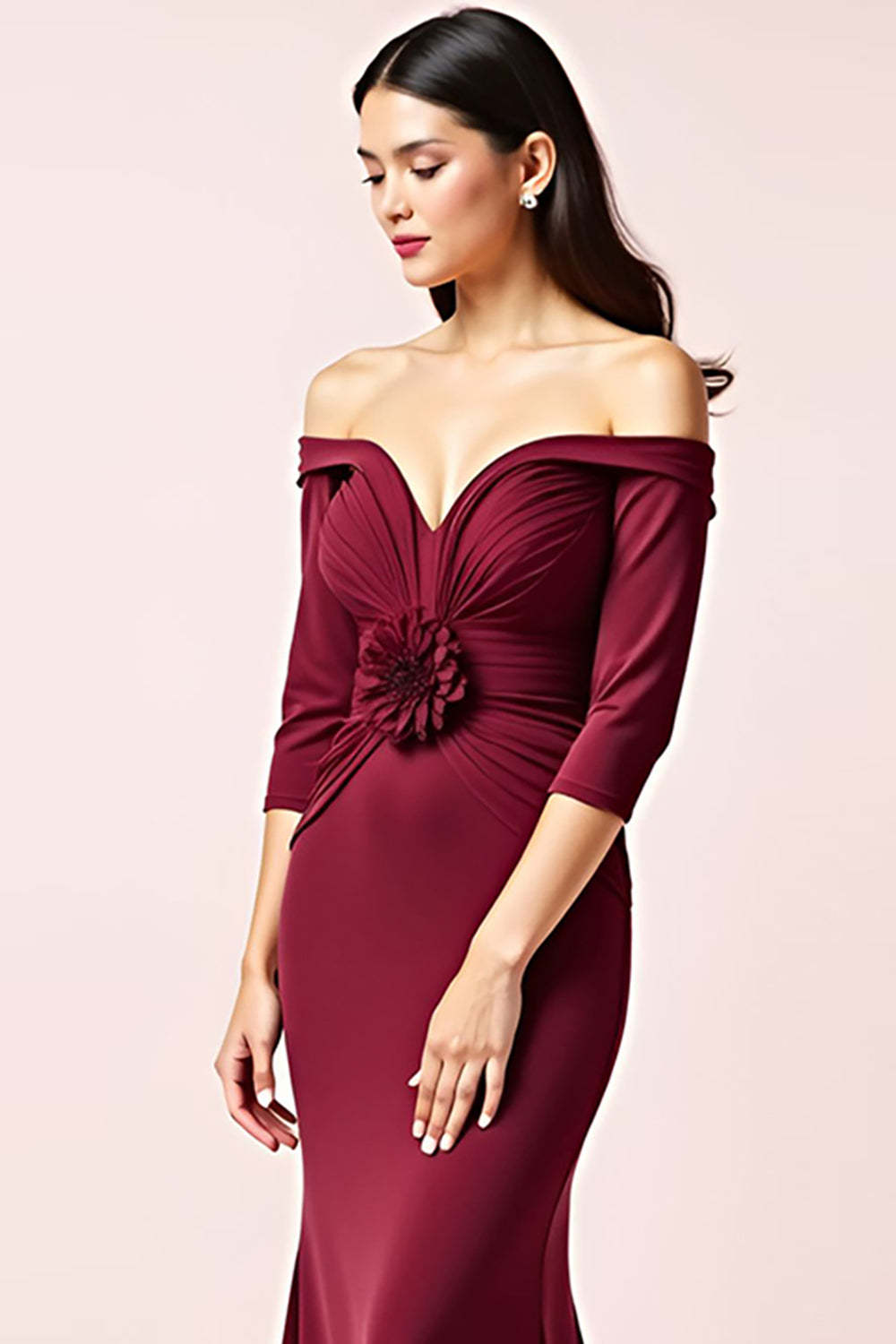 Burgundy Wedding Guest Dress Off The Shoulder Long Sleeves Ruched Formal Dress