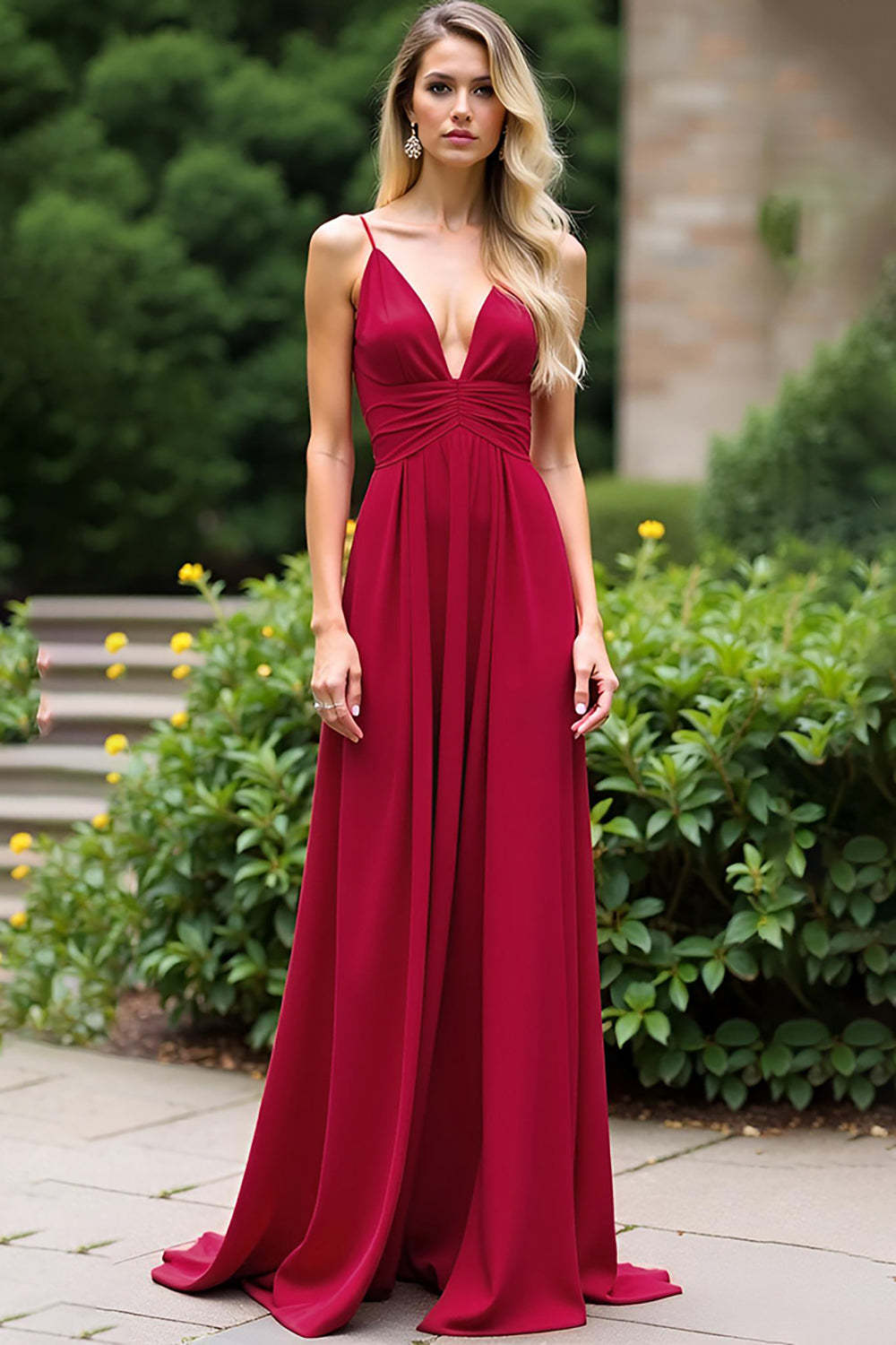 Burgundy Wedding Guest Dress Ruched Deep V-Neck Spaghetti Straps Long Formal Dress