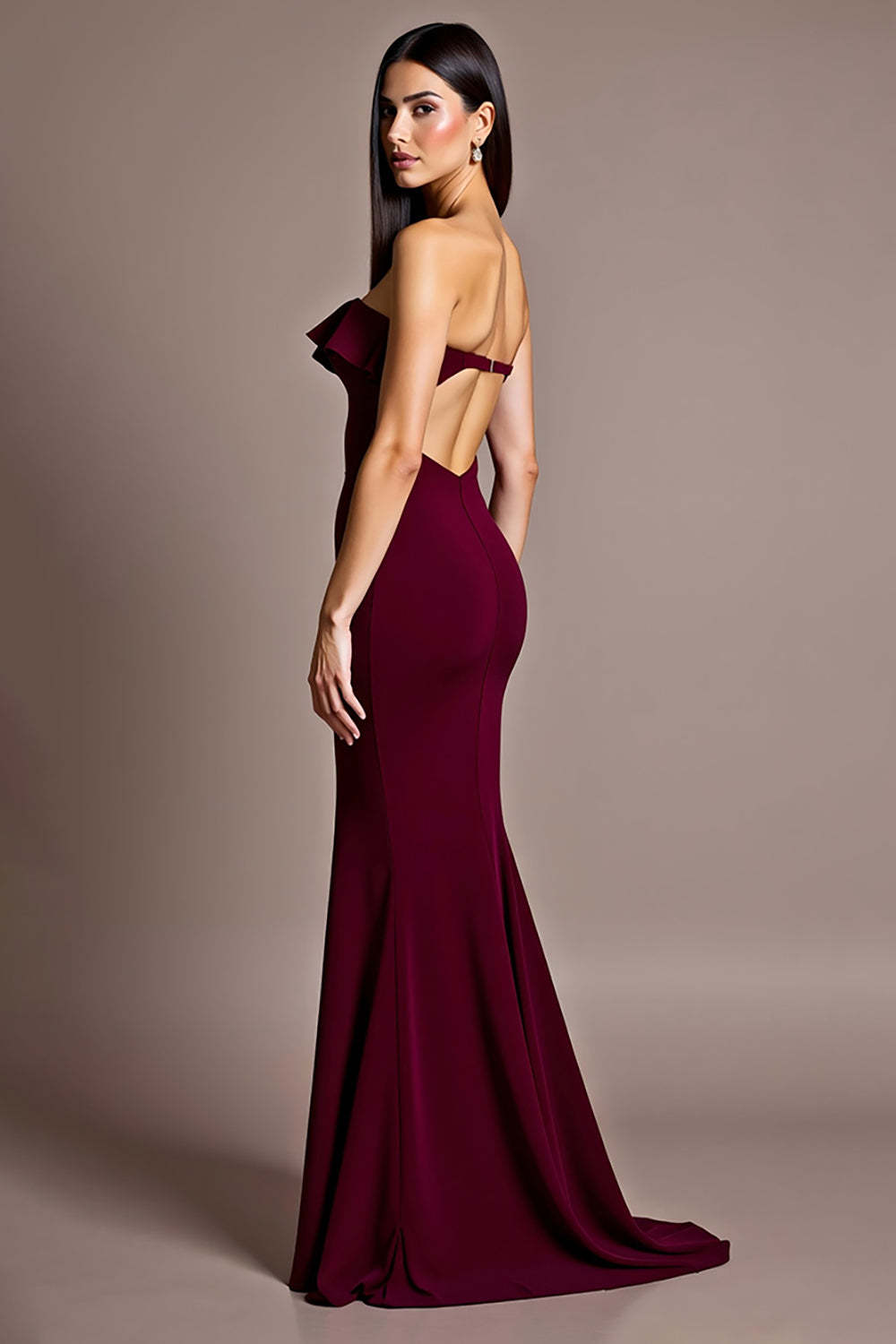 Burgundy Wedding Guest Dress Satin Mermaid Backless Strapless Evening Dress