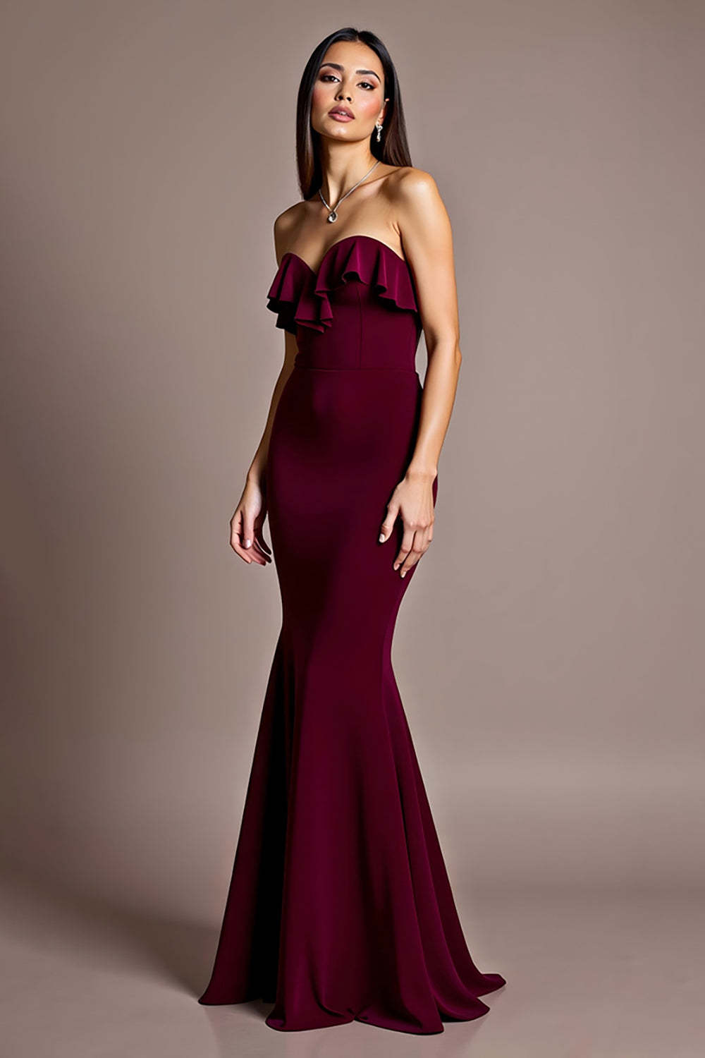 Burgundy Wedding Guest Dress Satin Mermaid Backless Strapless Evening Dress