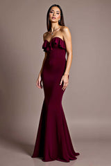 Burgundy Wedding Guest Dress Satin Mermaid Backless Strapless Evening Dress