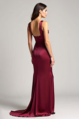 Burgundy Wedding Guest Dress Sheath Ruched Backless Long Formal Dress