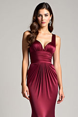 Burgundy Wedding Guest Dress Sheath Ruched Backless Long Formal Dress