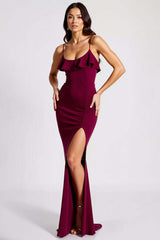 Burgundy Wedding Guest Dress Spaghetti Straps Mermaid Crepe Long Evening Dress With Slit