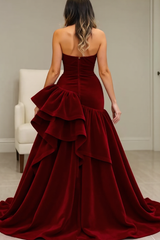 Dreamyannie Burgundy Velvet Dress High Low Halter Neck Ruffled Formal Evening Dress