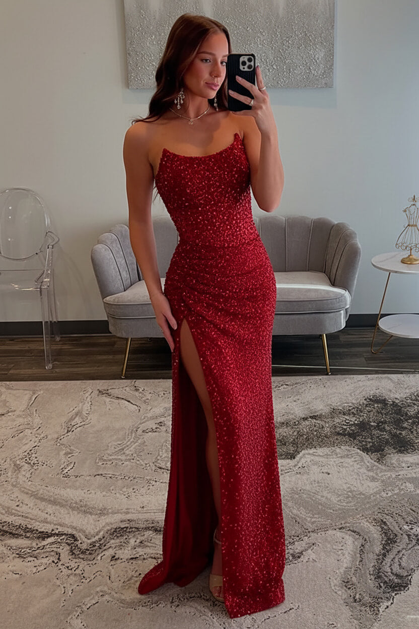 Dreamyannie Champagne Prom Dress Strapless Sheath Beaded Long Formal Dress With Slit