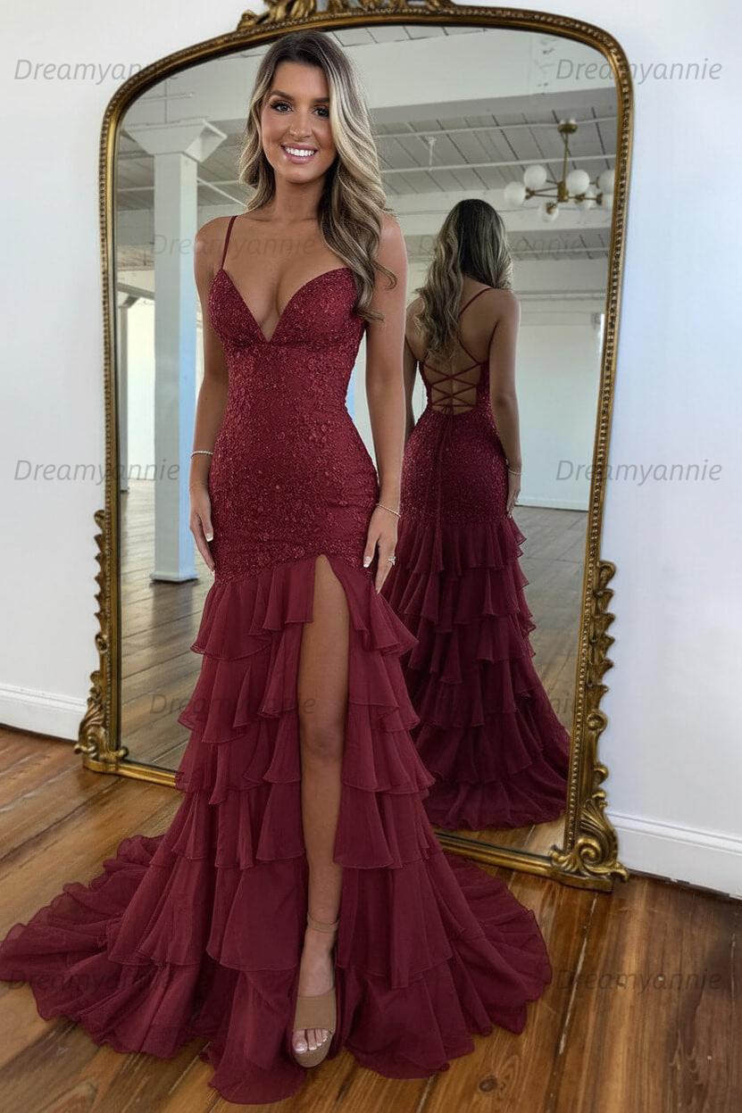 Charming Mermaid Spaghetti Straps Lace Up Long Prom Dress With Ruffle Skirt Formal Evening Gown