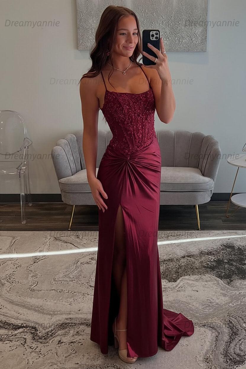 Dreamyannie Red Prom Dress Spaghetti Straps Ruhed Long Lace Formal Dress With Appliques