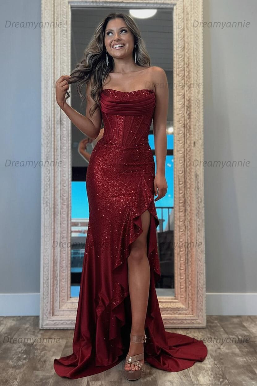 Hot Pink Beaded Prom Dress Strapless Corset Ruffled Evening Dress With Slit