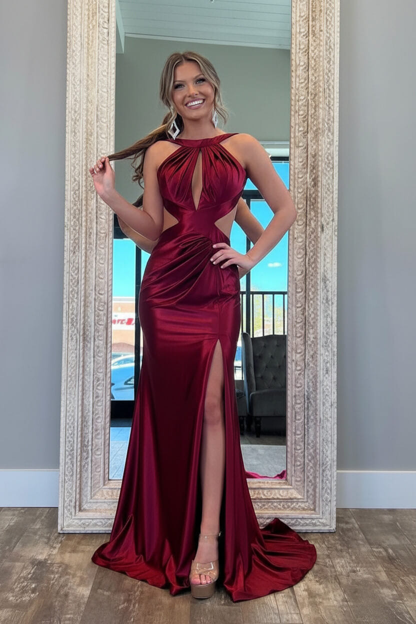 Stylish Fuchsia Metallic Mermaid Prom Dress With Slit And Open Back Formal Evening Gown