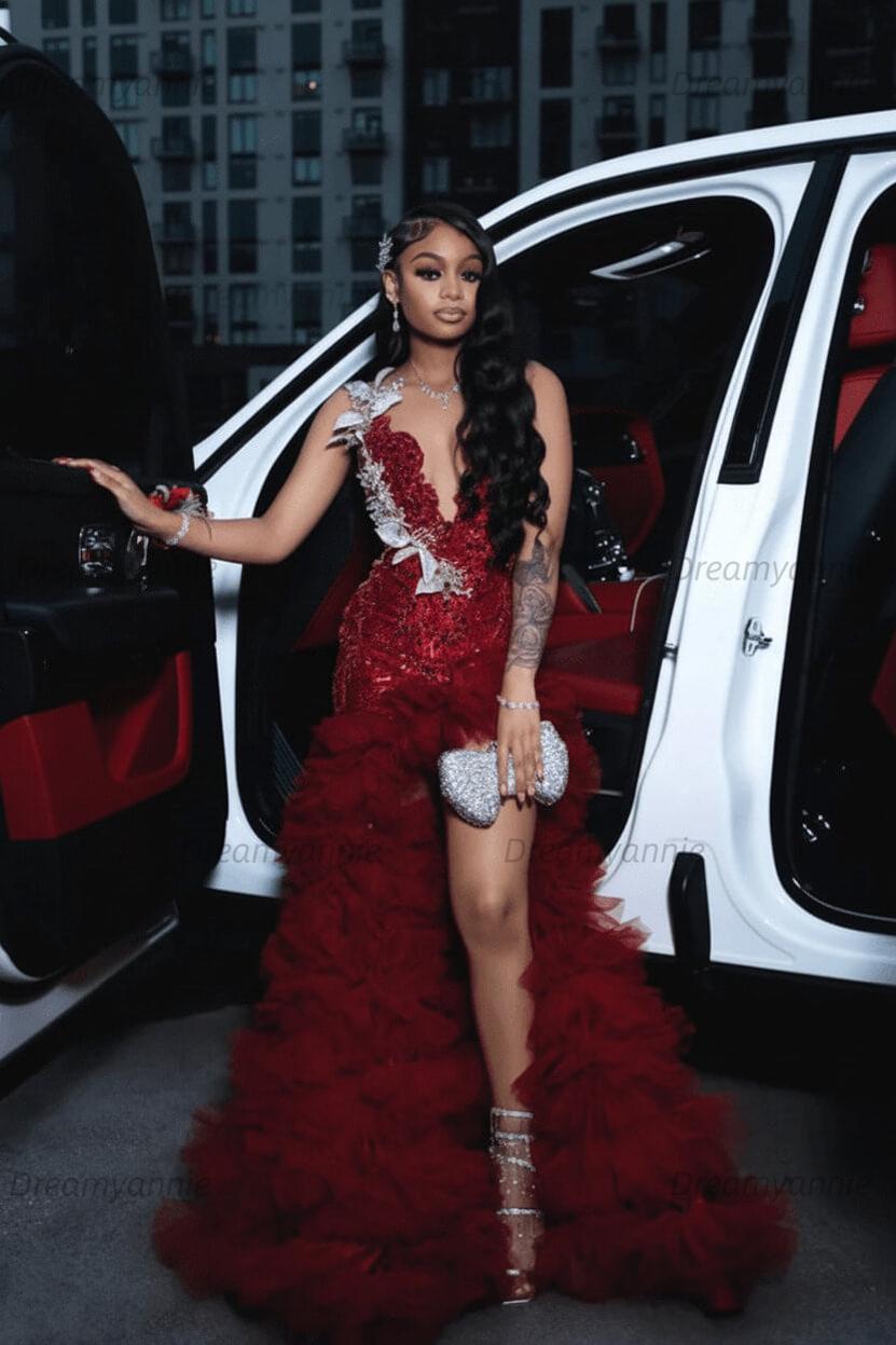 Red Tulle Prom Dress Ruffled Sequined V Neck Formal Evening Gown with 3D Flowers
