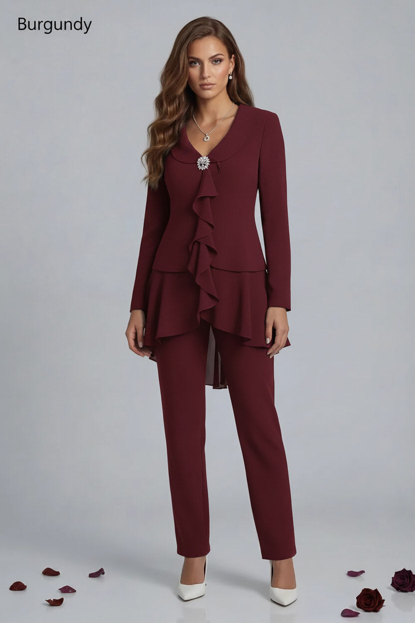 Dreamyannie Navy V Neck Ruffled Chiffon 2 Piece Mother Of The Bride Pant Suits With Sleeves