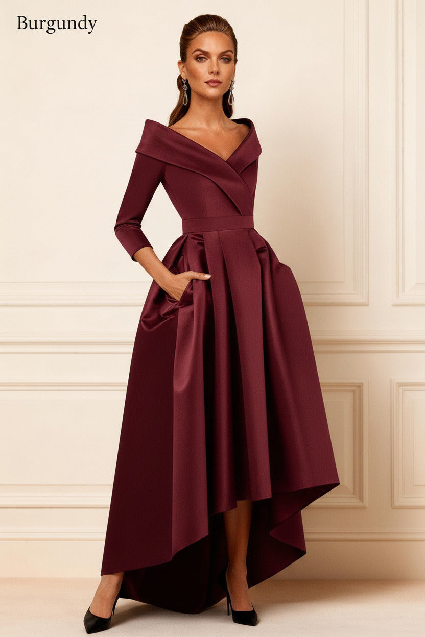 Dreamyannie Dark Navy V Neck Satin High Low Mother Of The Bride Dress With Pockets