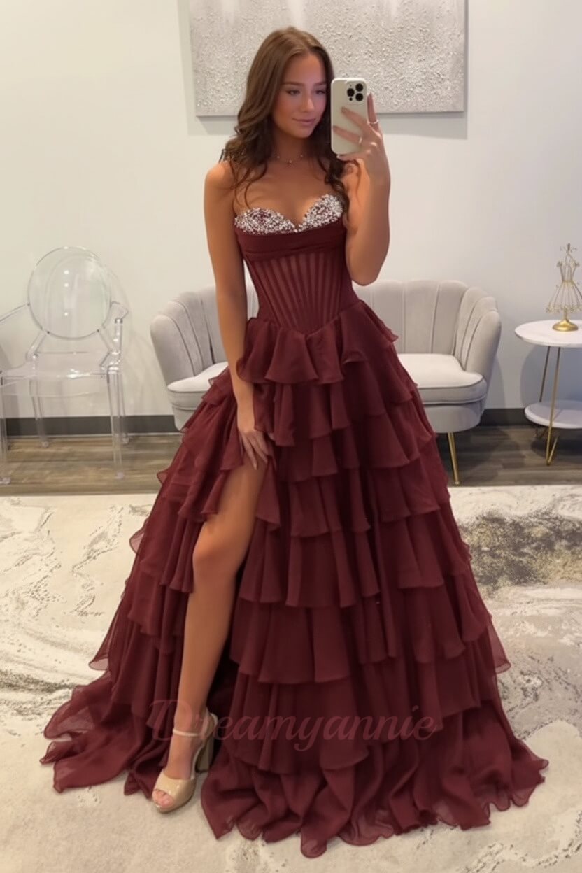 Dreamyannie Ruffled Black Prom Dress A Line Corset Long Formal Dress With Beadings