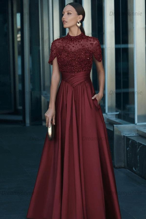 Green A Line Prom Dress Short Sleeve High Neck Beaded Evening Dress