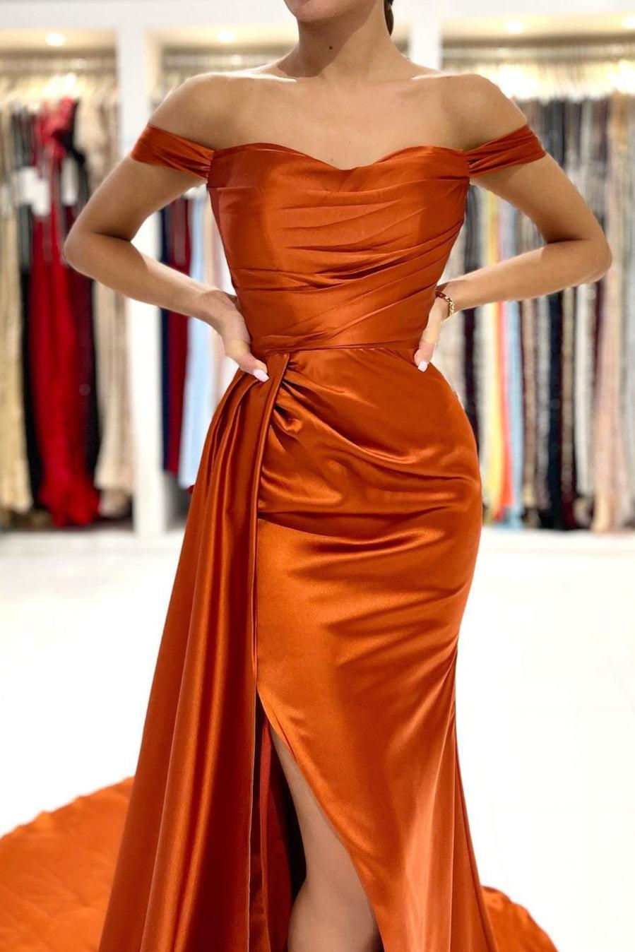 Burnt Orange Off The Shoulder Mermaid Prom Dress Long With Split