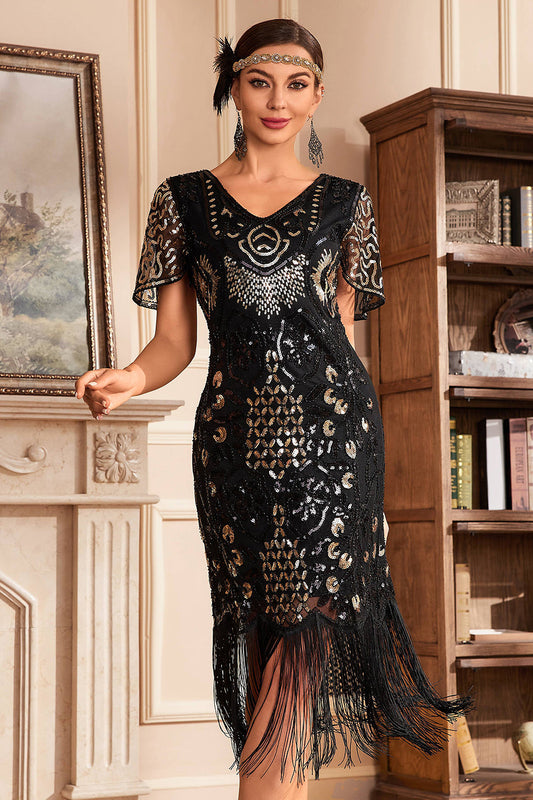 Black and Champagne V-Neck Fringe Gatsby Dress with Sequins