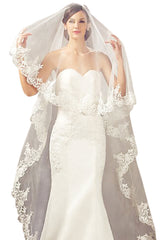 White Long Wedding Veil with Lace