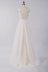 Champagne Tulle Wedding Dress Lace Appliques A-Line Sleeveless Bridal Dress