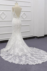 White Tulle Wedding Dress Lace Appliques Spaghetti Straps Mermaid Bridal Dress