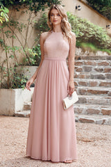 Dusty Rose Hater Bridesmaid Dress Chiffon Lace A Line Wedding Guset Dress