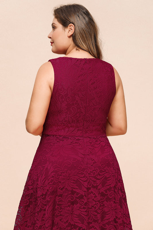 Burgundy Formal Dress V Neck Lace Evening Party Dress