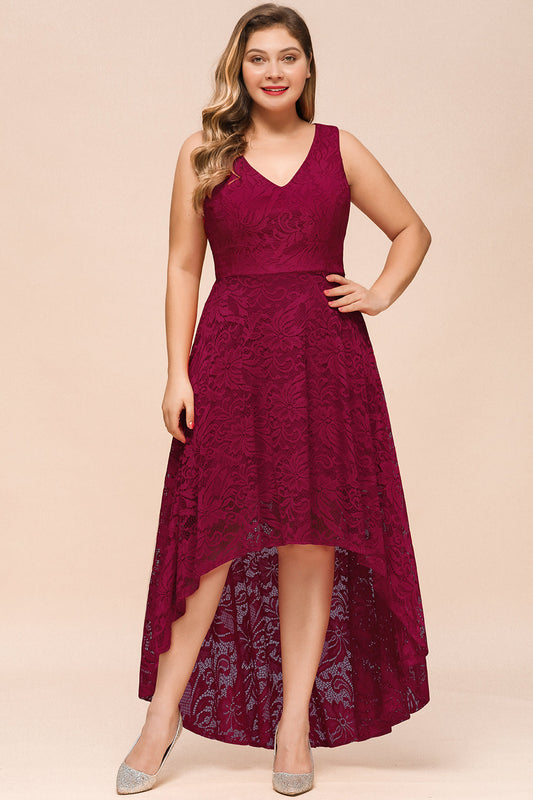 Burgundy Formal Dress V Neck Lace Evening Party Dress