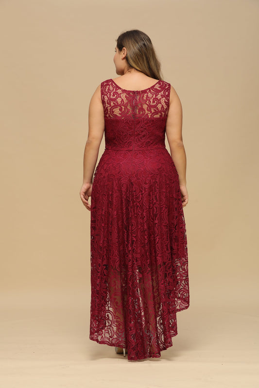 Burgundy Scoop Neck Bridesmaid Dress High Low Lace Evening Dress