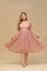 Dusty Rose V neck Wedding Party Dress Short Sleeves Lace Cocktail Dress