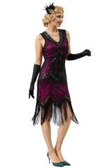 Fuchsia Sleeveless Gatsby 1920s Dress with Fringe