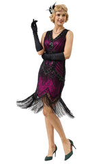 Fuchsia Sleeveless Gatsby 1920s Dress with Fringe