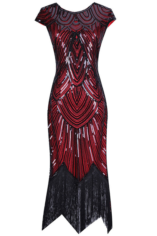 Red Gatsby Cape Sleeves Glitter Fringe 1920s Dress