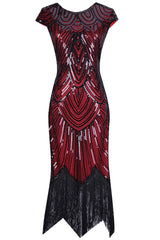 Red Gatsby Cape Sleeves Glitter Fringe 1920s Dress