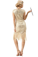 Ivory Cape Sleeves Sequin Fringe Flapper 1920s Dress