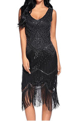 Black Gold 1920s Scoop Neck Sleeveless Gatsby Dress with Fringe