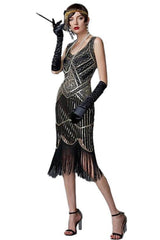 Black 1920s Scoop Neck Sleeveless Gatsby Dress with Fringe