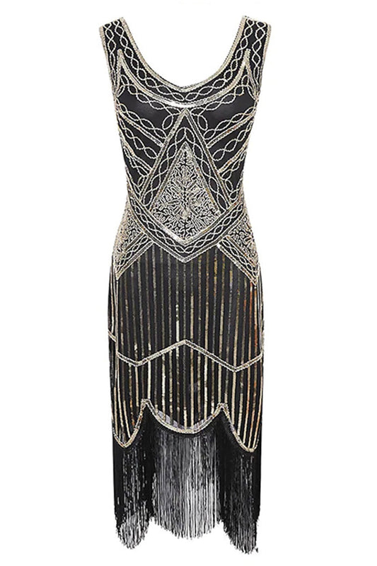 Black 1920s Scoop Neck Sleeveless Gatsby Dress with Fringe