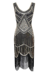 White 1920s Scoop Neck Sleeveless Gatsby Dress with Fringe