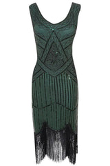 Green 1920s Scoop Neck Sleeveless Gatsby Dress with Fringe